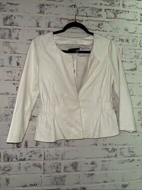 Theory Lidia L Spark Bone White Leather Crop Jacket  Size P